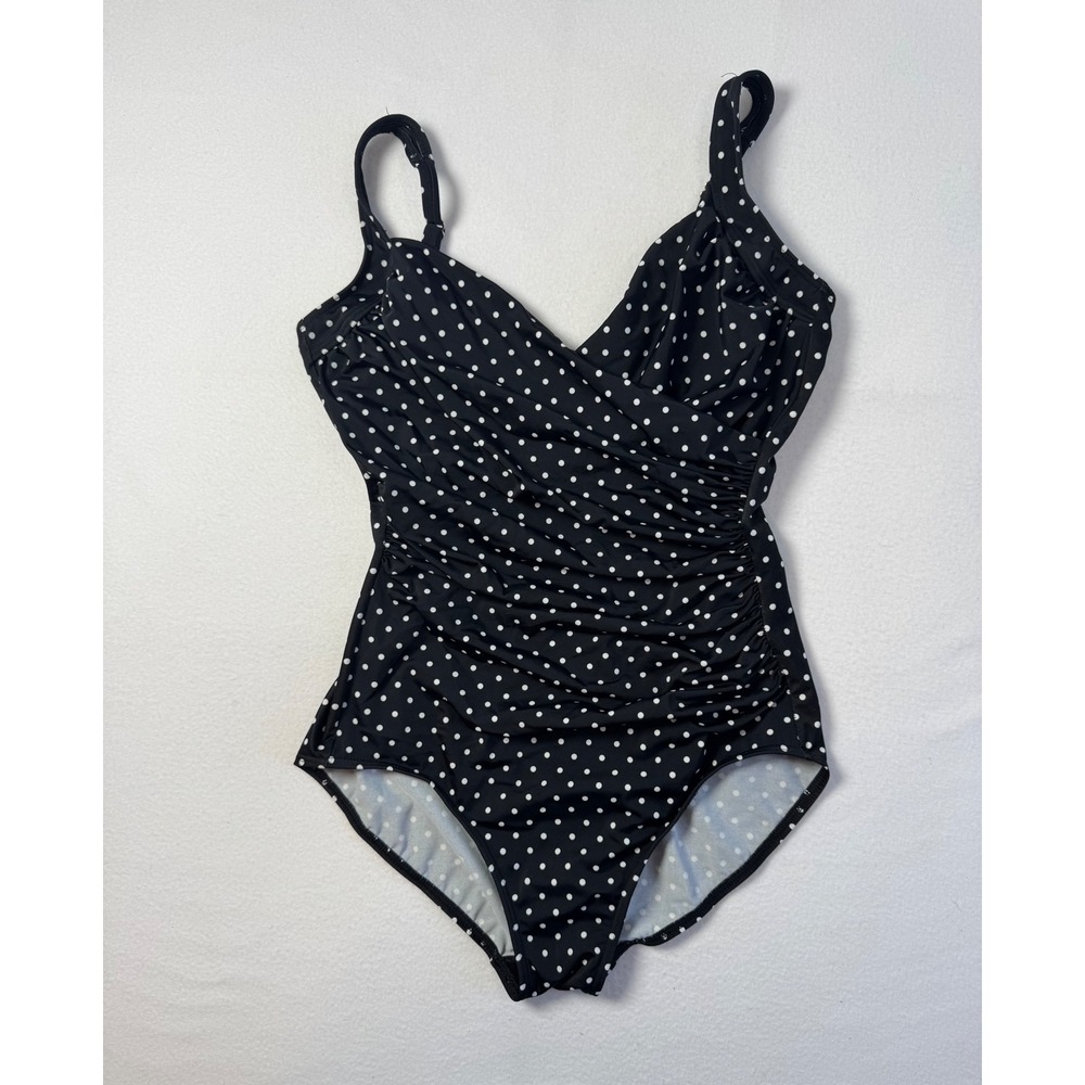 Retro Miraclesuit Womens 12 One Piece Swimsuit Black White Polka Dot Ruched